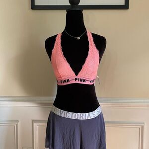 Victoria's Secret PINK Lace Halter T-Back Bralette Coral Pink S